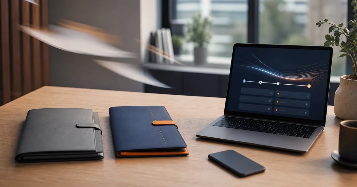 Mesa organizada com notebook e pastas, simbolizando uma migração contábil planejada e sem perda de documentos.