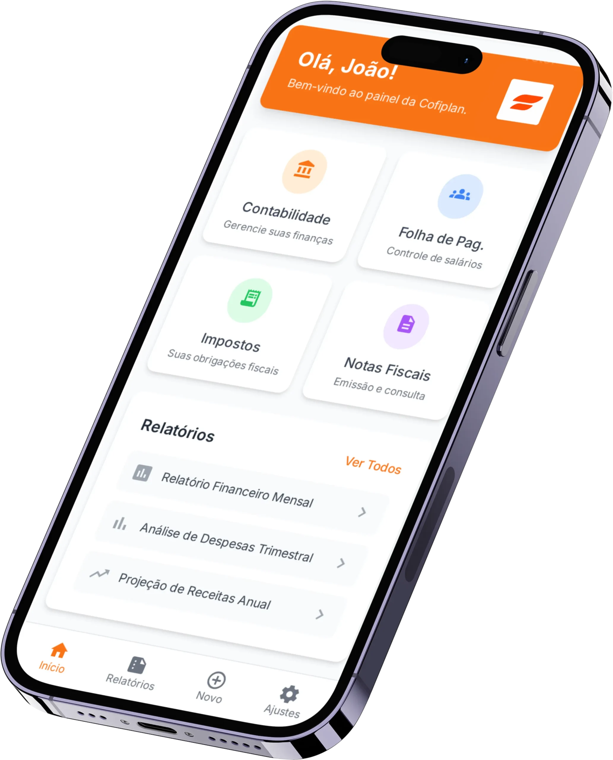 App mobile da Cofiplan com módulos de Contabilidade, Folha de Pagamento, Impostos, Notas Fiscais e Relatórios