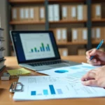 Mesa de escritório com documentos contábeis organizados e auditor revisando relatórios