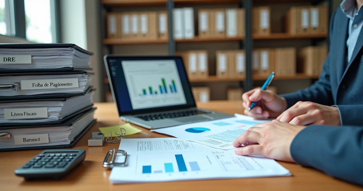 Mesa de escritório com documentos contábeis organizados e auditor revisando relatórios