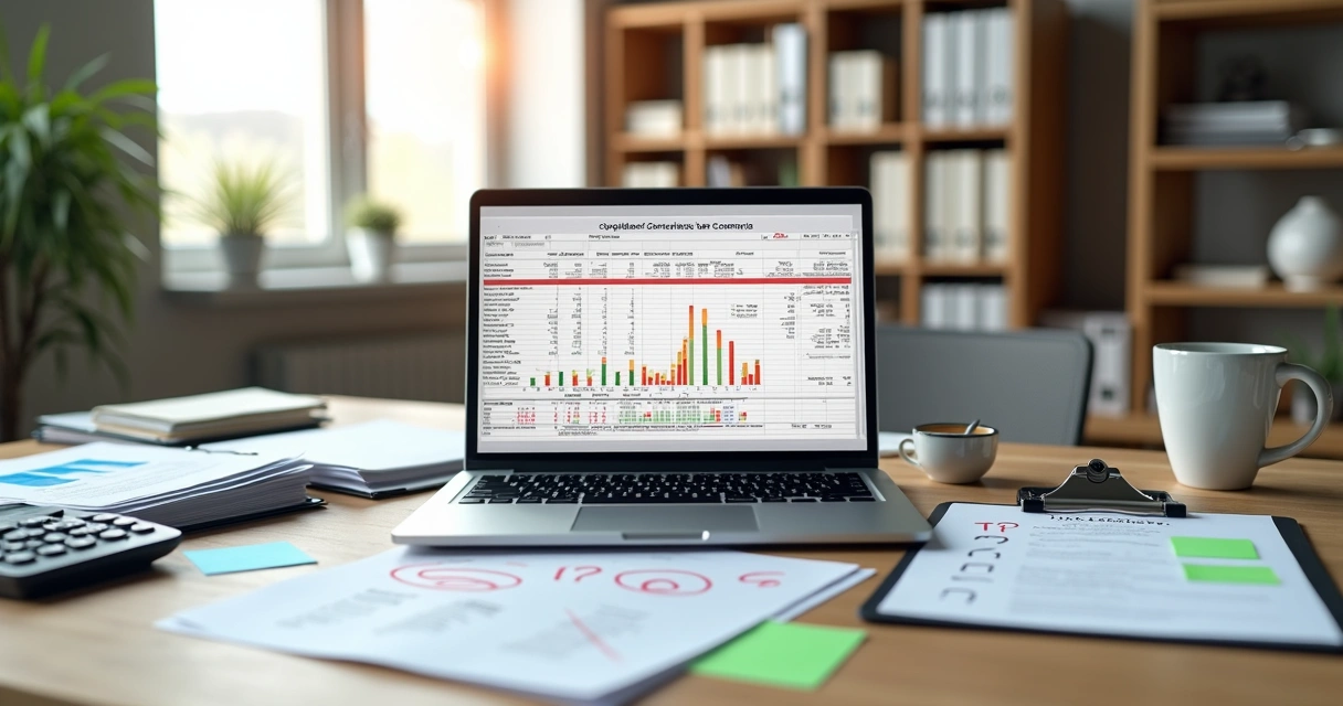 Mesa de escritório com relatórios fiscais destacados em vermelho e check-list de correções